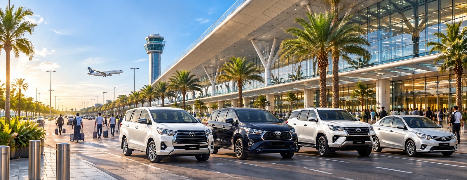 Airport terminal with airport pickup vehicles