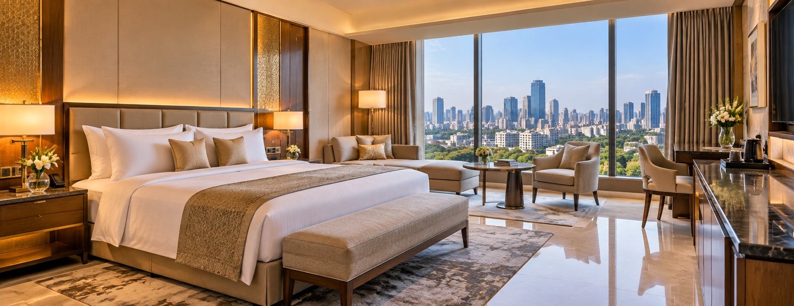Luxury hotel room with Bengaluru skyline view